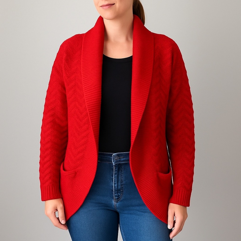 Vintage 90s Side Effects Red Knit Open Front Cardigan Sweater M Shawl‎ Collar